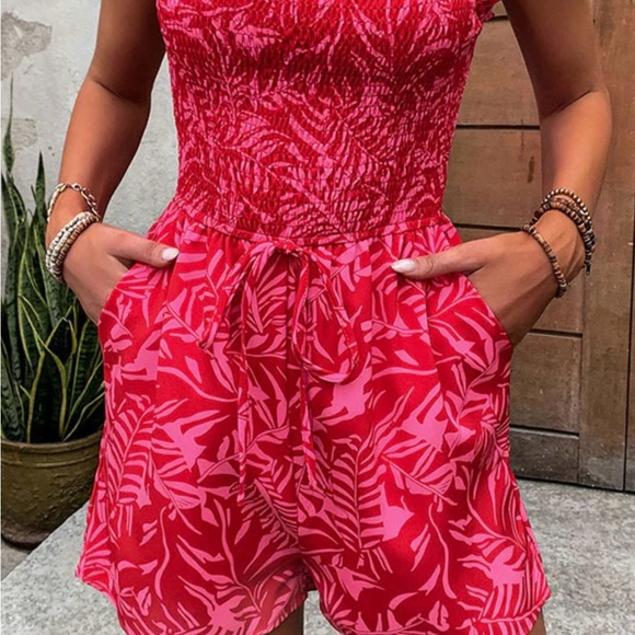 Pants - Red and Pink Leaf Print Romper